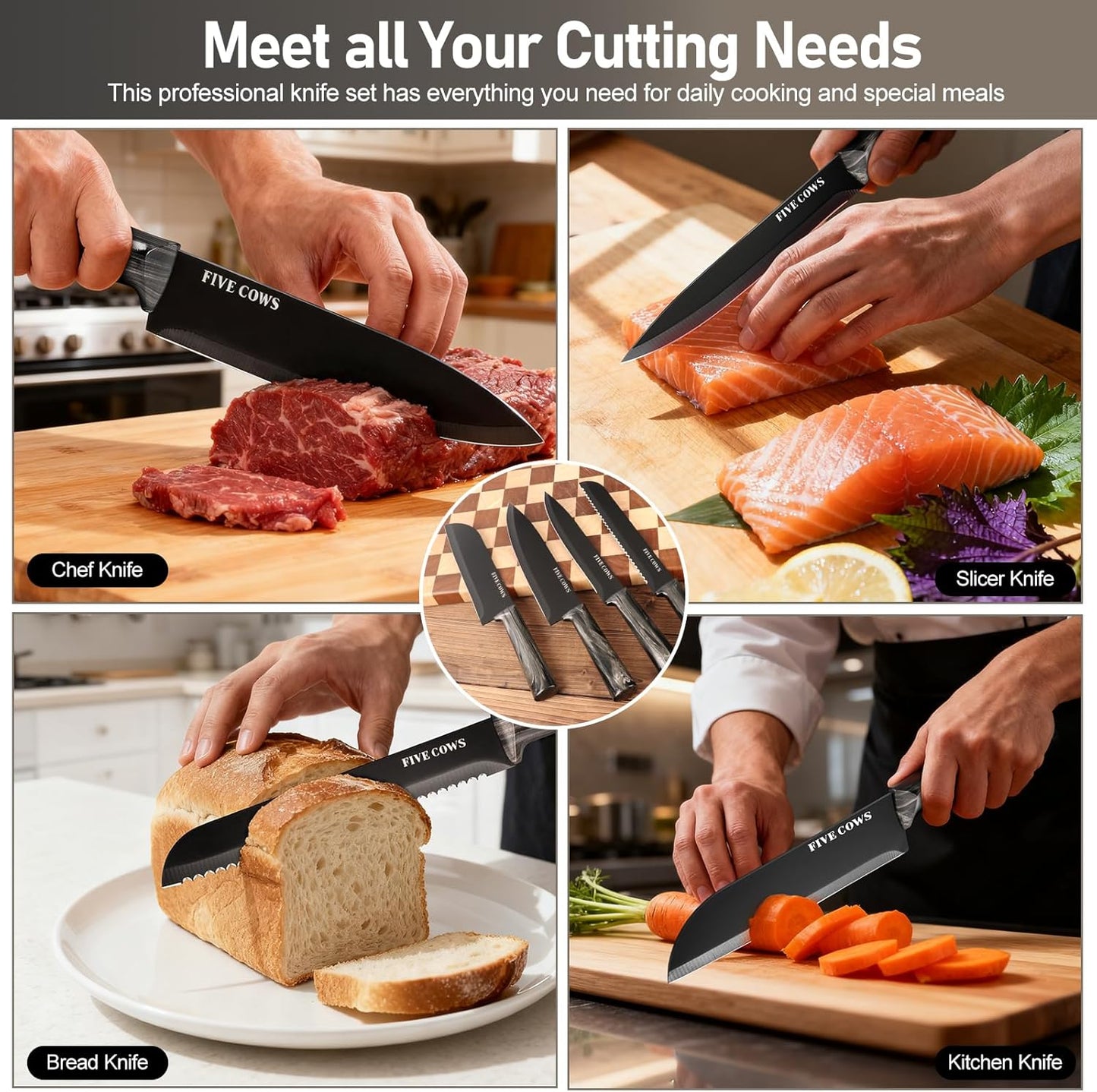 16-Piece Kitchen Knife Block Set with Cutting Board - German Stainless Steel Knives, Built-In Sharpener, Dishwasher Safe, Anti-Slip Handle - All-in-One Cutlery Set for Home/Kitchen (Cyan)
