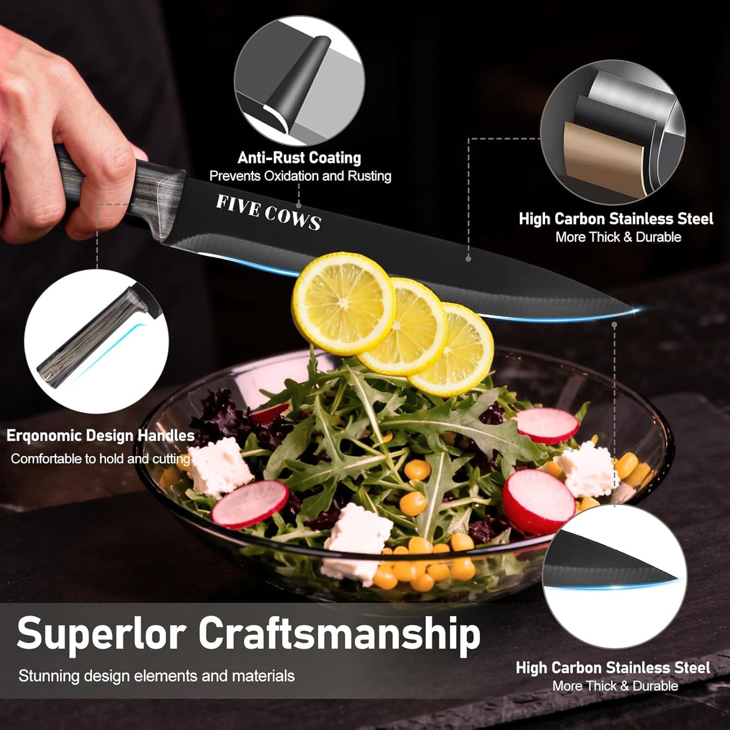 16-Piece Kitchen Knife Block Set with Cutting Board - German Stainless Steel Knives, Built-In Sharpener, Dishwasher Safe, Anti-Slip Handle - All-in-One Cutlery Set for Home/Kitchen (Cyan)