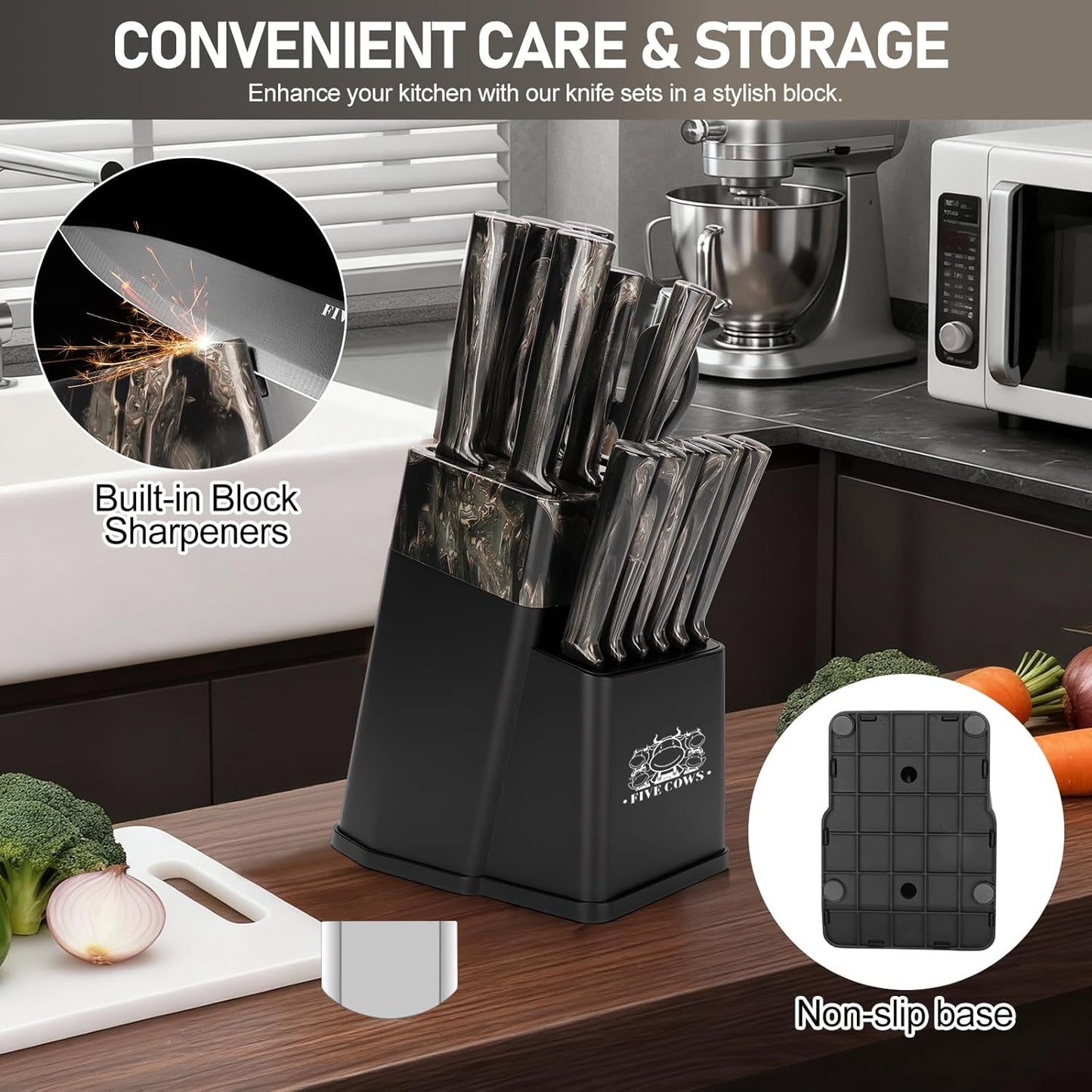 16-Piece Kitchen Knife Block Set with Cutting Board - German Stainless Steel Knives, Built-In Sharpener, Dishwasher Safe, Anti-Slip Handle - All-in-One Cutlery Set for Home/Kitchen (Cyan)