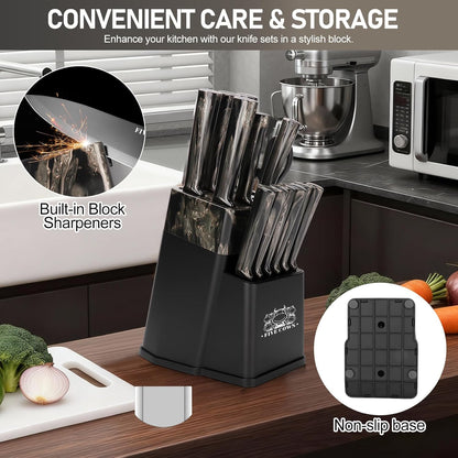 16-Piece Kitchen Knife Block Set with Cutting Board - German Stainless Steel Knives, Built-In Sharpener, Dishwasher Safe, Anti-Slip Handle - All-in-One Cutlery Set for Home/Kitchen (Cyan)