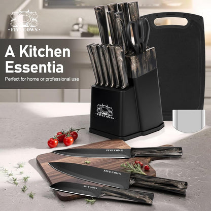 16-Piece Kitchen Knife Block Set with Cutting Board - German Stainless Steel Knives, Built-In Sharpener, Dishwasher Safe, Anti-Slip Handle - All-in-One Cutlery Set for Home/Kitchen (Cyan)