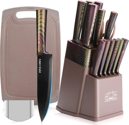 16-Piece Kitchen Knife Block Set with Cutting Board - German Stainless Steel Knives, Built-In Sharpener, Dishwasher Safe, Anti-Slip Handle - All-in-One Cutlery Set for Home/Kitchen (Cyan)
