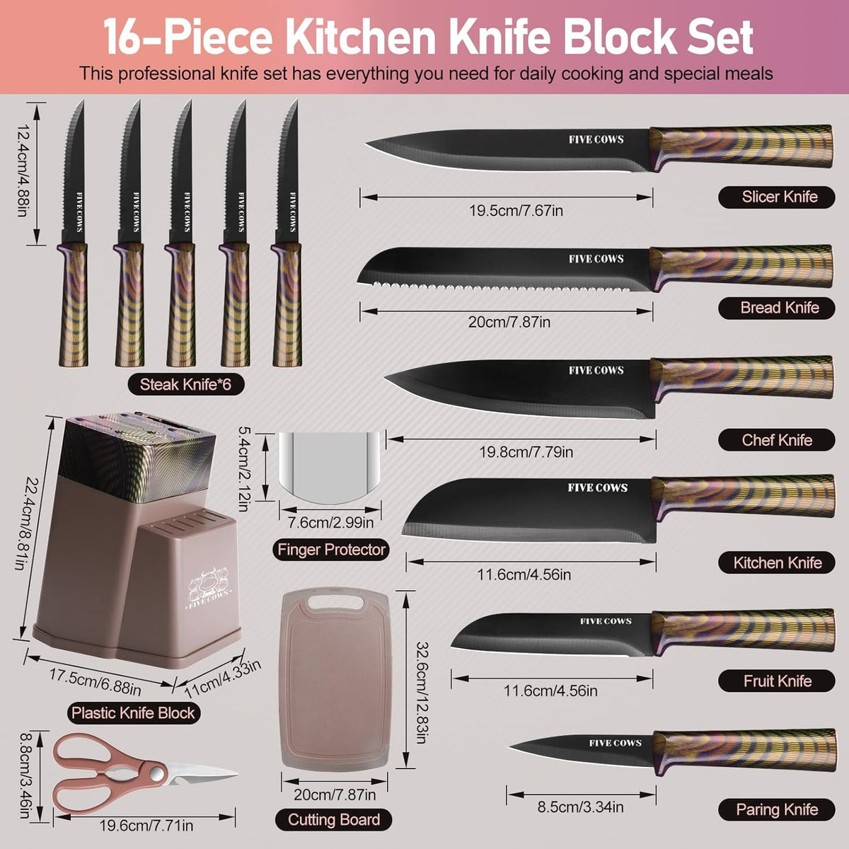 16-Piece Kitchen Knife Block Set with Cutting Board - German Stainless Steel Knives, Built-In Sharpener, Dishwasher Safe, Anti-Slip Handle - All-in-One Cutlery Set for Home/Kitchen (Cyan)