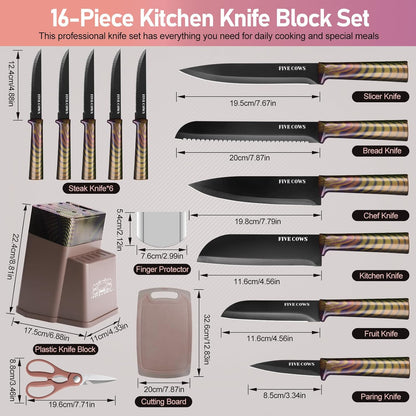 16-Piece Kitchen Knife Block Set with Cutting Board - German Stainless Steel Knives, Built-In Sharpener, Dishwasher Safe, Anti-Slip Handle - All-in-One Cutlery Set for Home/Kitchen (Cyan)