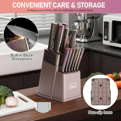 16-Piece Kitchen Knife Block Set with Cutting Board - German Stainless Steel Knives, Built-In Sharpener, Dishwasher Safe, Anti-Slip Handle - All-in-One Cutlery Set for Home/Kitchen (Cyan)