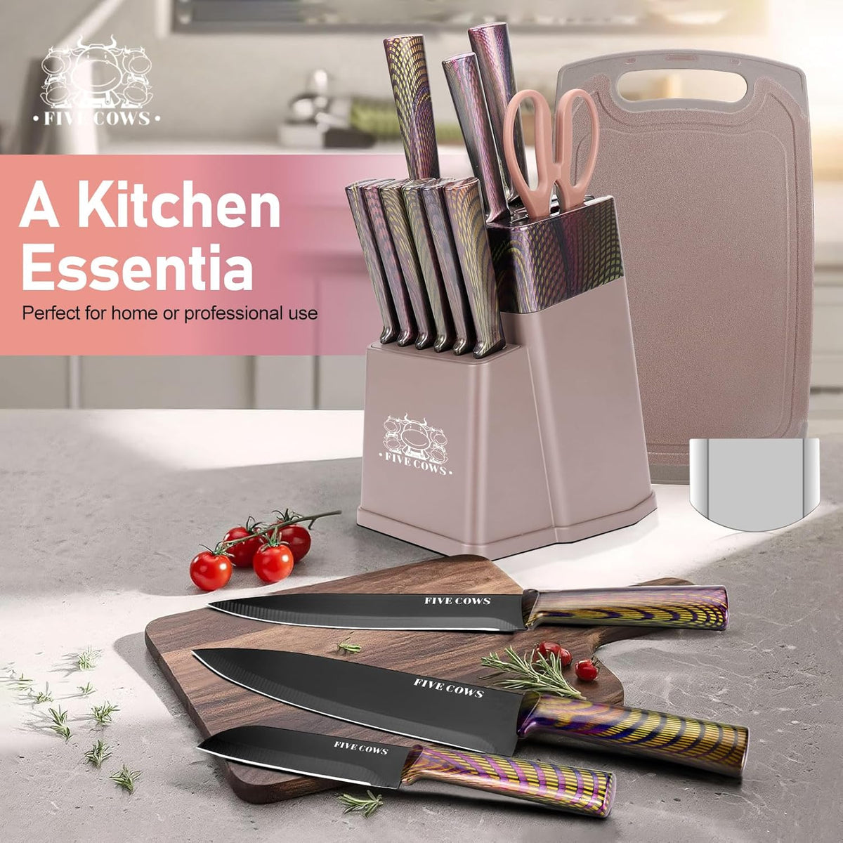 16-Piece Kitchen Knife Block Set with Cutting Board - German Stainless Steel Knives, Built-In Sharpener, Dishwasher Safe, Anti-Slip Handle - All-in-One Cutlery Set for Home/Kitchen (Cyan)