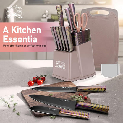 16-Piece Kitchen Knife Block Set with Cutting Board - German Stainless Steel Knives, Built-In Sharpener, Dishwasher Safe, Anti-Slip Handle - All-in-One Cutlery Set for Home/Kitchen (Cyan)