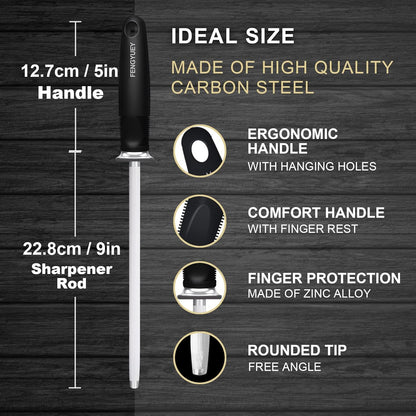 Knife Sharpener Rod [Original] - Carbon Steel Professional Knife Sharpening Steel, Honing Rod for Kitchen Knives | Ergonomic Large Soft-touch Handle with Hanging Hole | 14-inch Black