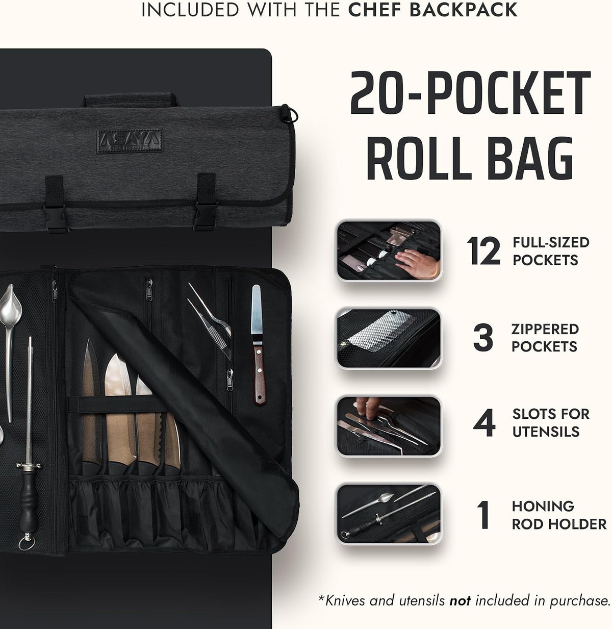 Asaya Chef Knife Backpack with 20-Pocket Knife Roll Bag - Over 30 Storage Pockets Chef Bag, Professional Backpack for Chefs and Culinary Students – Knives Not Included (Grey)