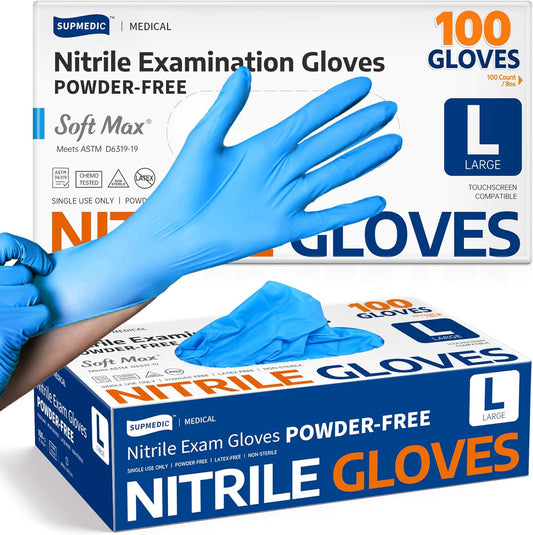 Medical Soft Max Nitrile Exam Gloves Powder-Free Disposable 100 Ct | Soft Stretch Fit • Powder-Free • Latex-Free • Examination • Cooking • Cleaning· Food Prep • 100 Count • Blue