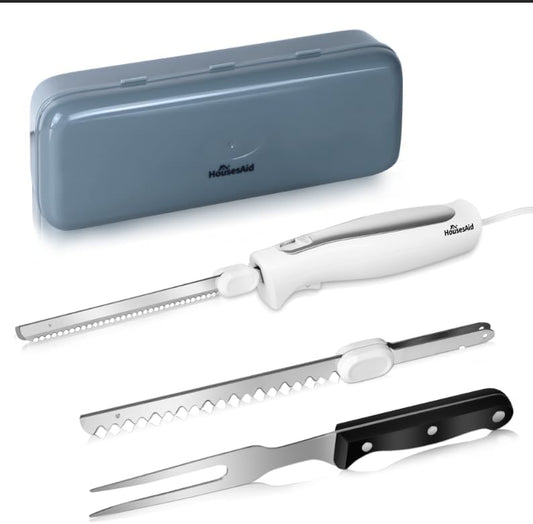 Electric Knife, Electric Carving Knife Set with Two Serrated Stainless Steel Blades, Carving Fork, with Non Slip Handle, Safety Lock and Storage Case for Meat, Bread Fish,Other and Foods.