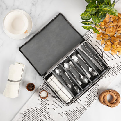 Flatware Storage Case with 5 Adjustable Compartments - Tableware Utensil Chest with Carrying Handles - Protects and Organizes Cutlery and Silverware - Hard Shell and Stackable
