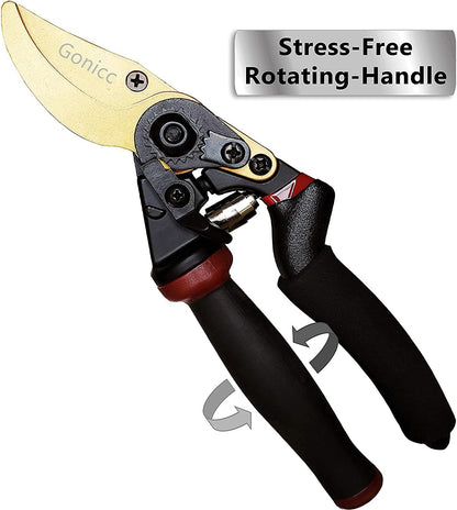 8" Professional Premium Bypass Titanium Pruning Shears(GPPS-1003) | Titanium coated SK5 steel blade, Ergonomic non-slip handle, Sap groove anti-stick design, Cuts up to 3/4" branches