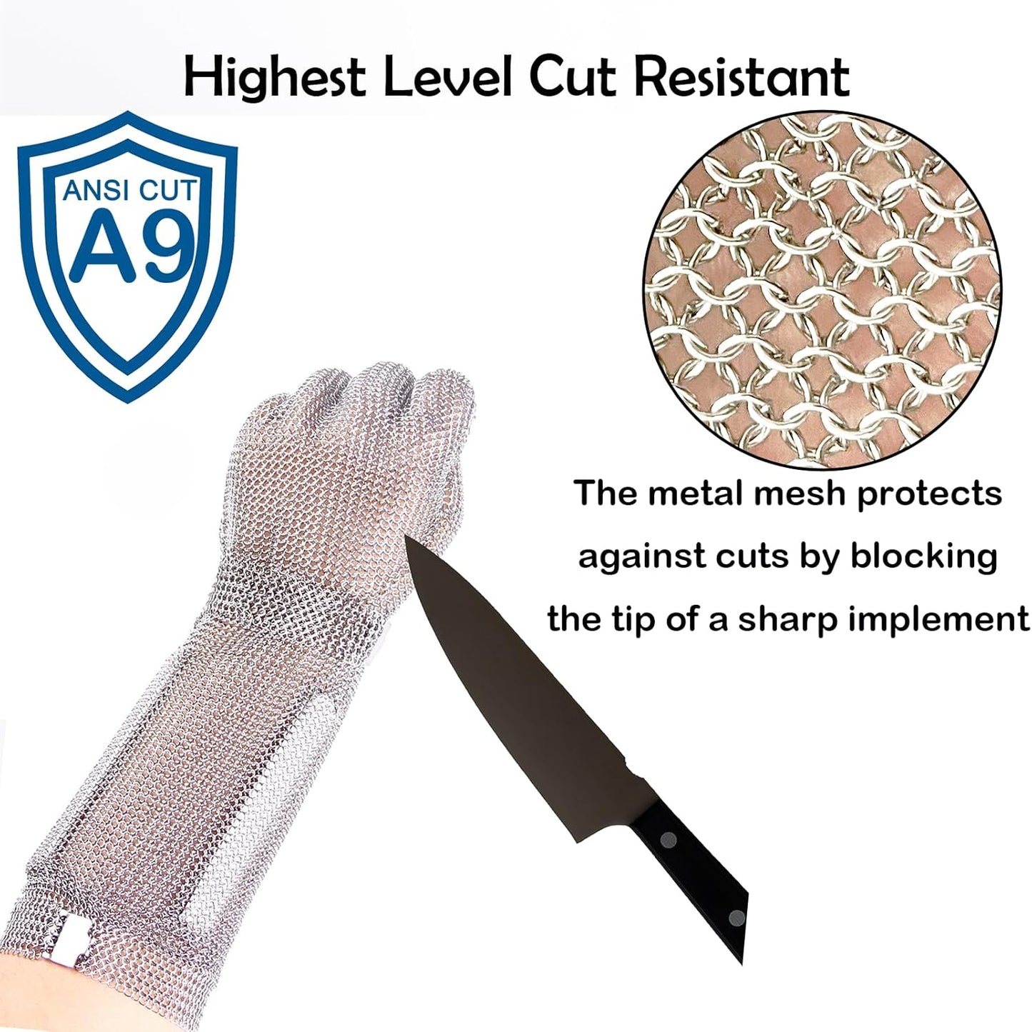 20cm Long Chainmail Glove for Butcher,Cut Resistant Gloves Food Grade,Stainless Steel Gloves Metal Glove