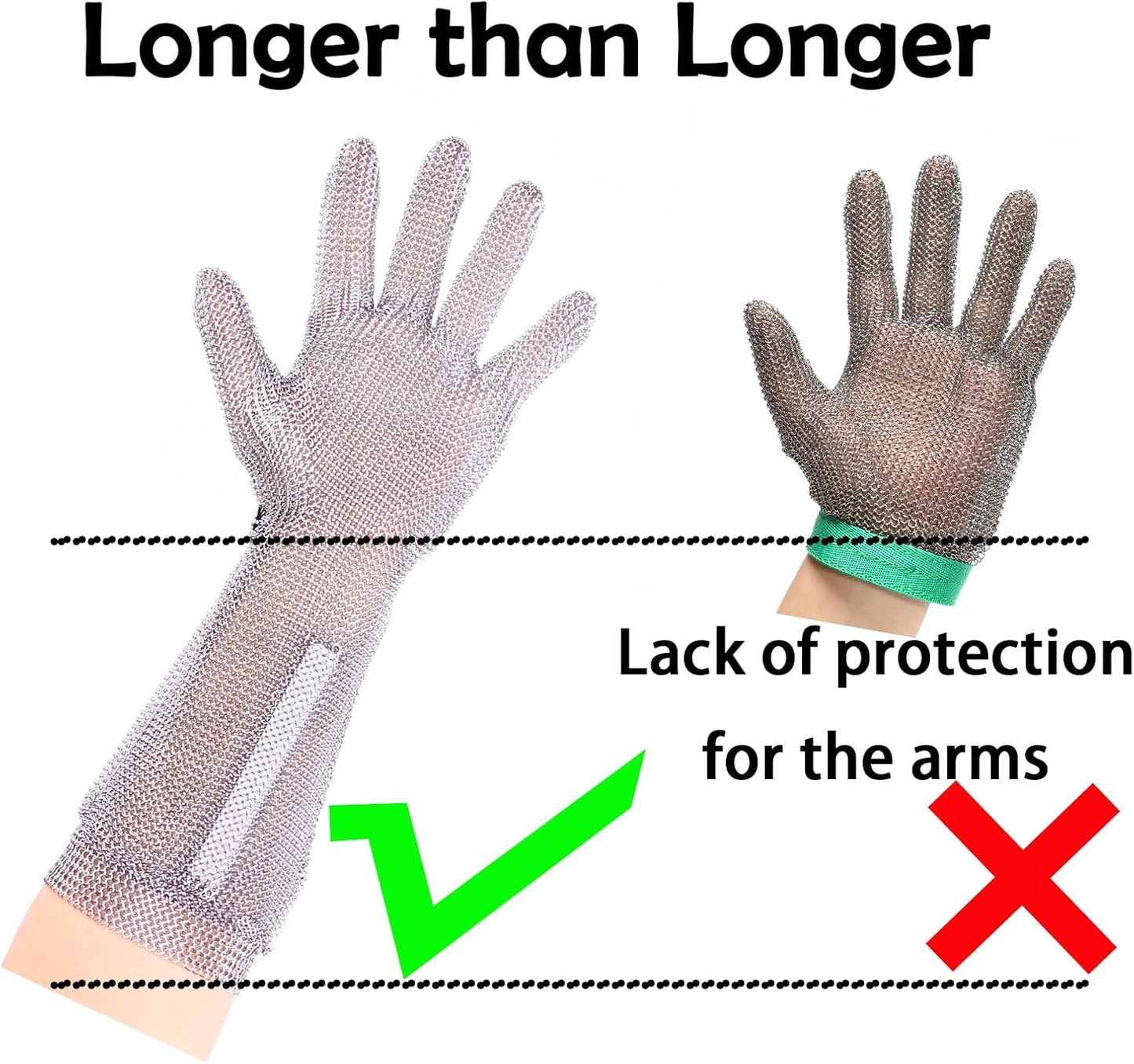 20cm Long Chainmail Glove for Butcher,Cut Resistant Gloves Food Grade,Stainless Steel Gloves Metal Glove