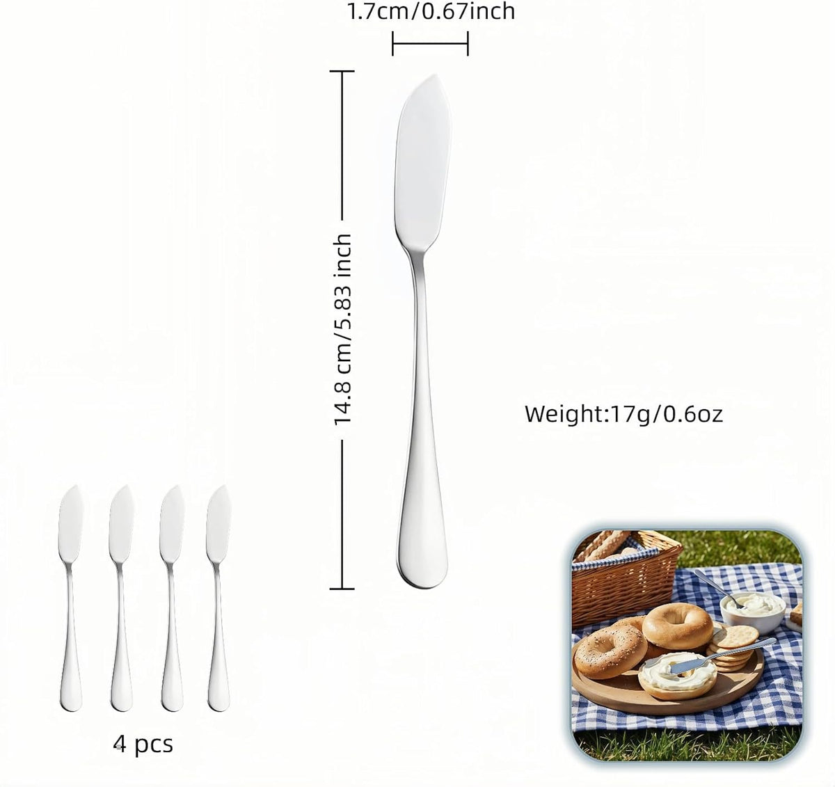Stainless Steel Butter Knife Set, Mirror Polished, 5.83 Inch, Dishwasher Safe, Versatile Spreader for Butter, Jam and Cream, 4 Pack