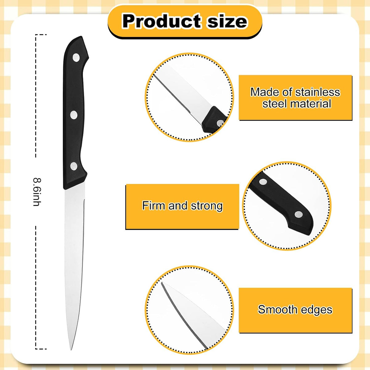 50 Pcs 8.67 Inches Fine Edge Steak Knife Set Stainless Steel Non Serrated Steak Knives Triple Riveted Straight Table Dinner Knives for Cutting Meat, Black