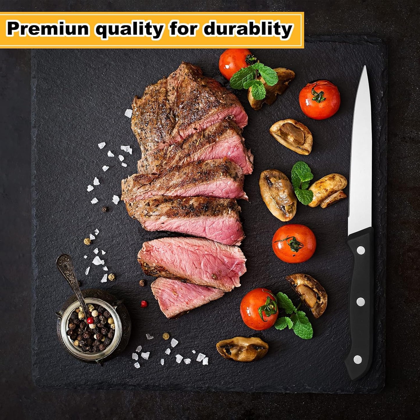 50 Pcs 8.67 Inches Fine Edge Steak Knife Set Stainless Steel Non Serrated Steak Knives Triple Riveted Straight Table Dinner Knives for Cutting Meat, Black