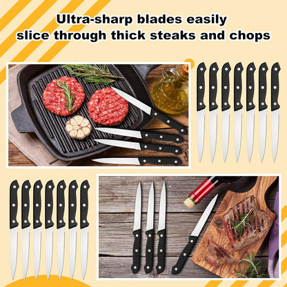 50 Pcs 8.67 Inches Fine Edge Steak Knife Set Stainless Steel Non Serrated Steak Knives Triple Riveted Straight Table Dinner Knives for Cutting Meat, Black