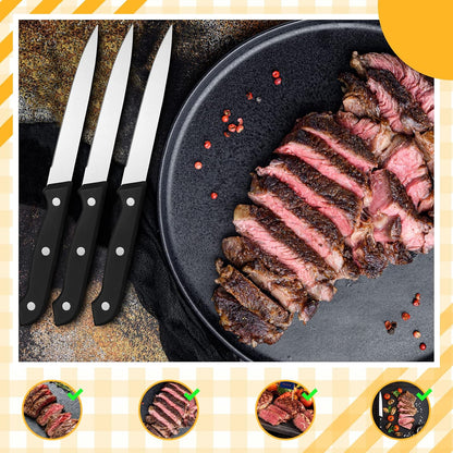 50 Pcs 8.67 Inches Fine Edge Steak Knife Set Stainless Steel Non Serrated Steak Knives Triple Riveted Straight Table Dinner Knives for Cutting Meat, Black