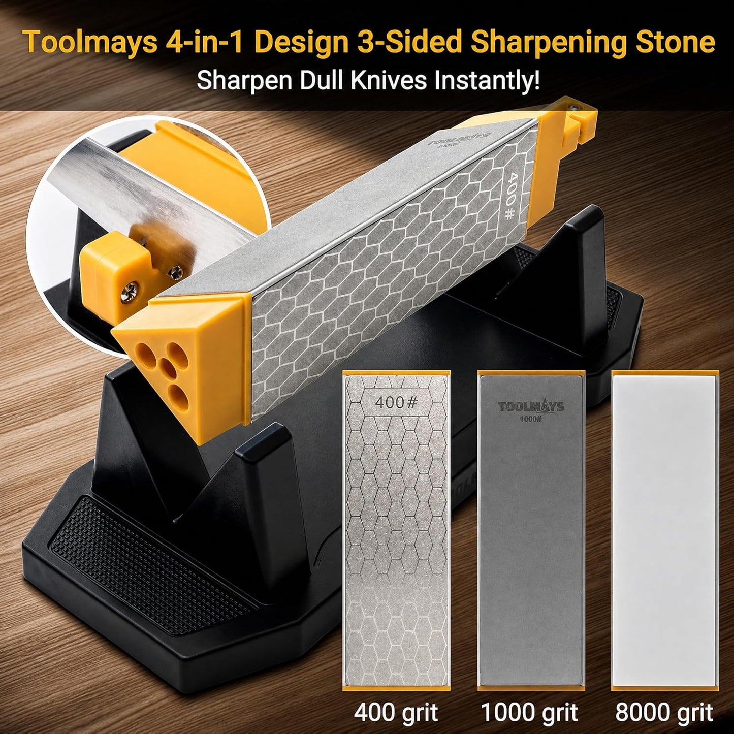 Sharpening Stone Double-Sided Grit 400/1000, Diamond Honeycomb Surface Plate, Knife Sharpener Stone with Angle Guide and Non-Slip Base for Outdoor Kitchen Sharpen Tools