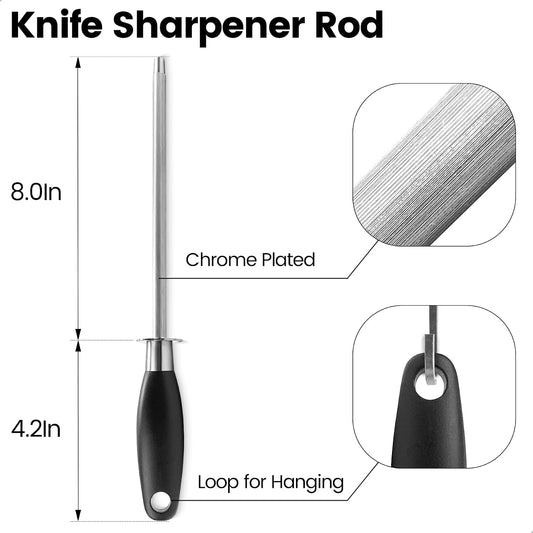 Knife Sharpener Rod, Honing Steel, 8 Inch | Fine Grit, Restore & Hone Dull Blades, Non-Slip Grip, Carbon Steel, For Kitchen Hunting Pocket Knives, Hanging Loop