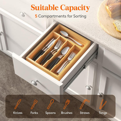Silverware Drawer Organizer, Utensil Tray for Kitchen, Flatware and Cutlery Holder, Storage for Spoons Forks Knives, 8.6 x 12.5", Natural