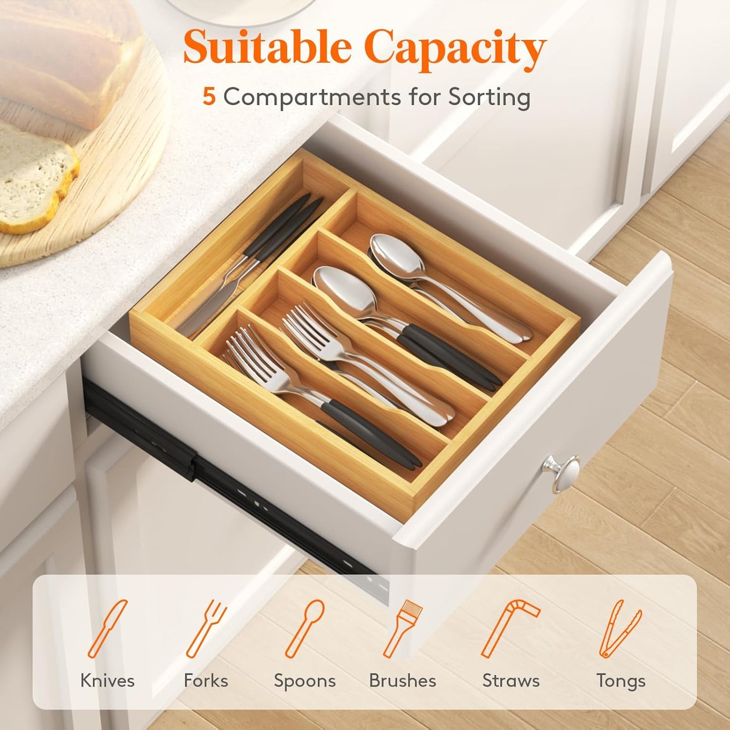Silverware Drawer Organizer, Utensil Tray for Kitchen, Flatware and Cutlery Holder, Storage for Spoons Forks Knives, 8.6 x 12.5", Natural
