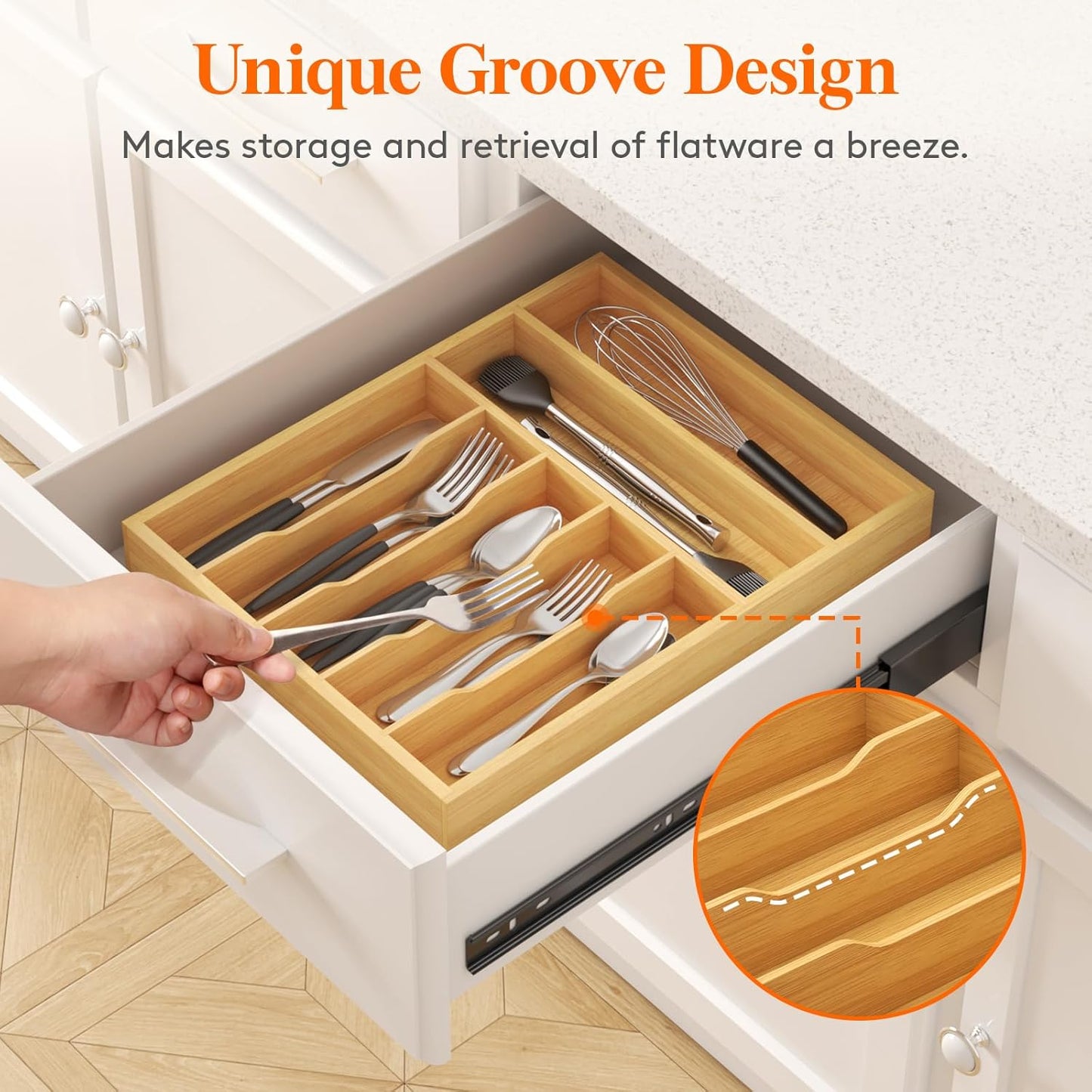 Silverware Drawer Organizer, Utensil Tray for Kitchen, Flatware and Cutlery Holder, Storage for Spoons Forks Knives, 8.6 x 12.5", Natural