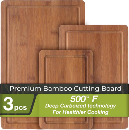 Bamboo Cutting Board Set of 3 – Wooden Chopping Boards with Juice Groove – Large, Medium & Small Kitchen Cutting Boards for Meat, Vegetables & Charcuterie