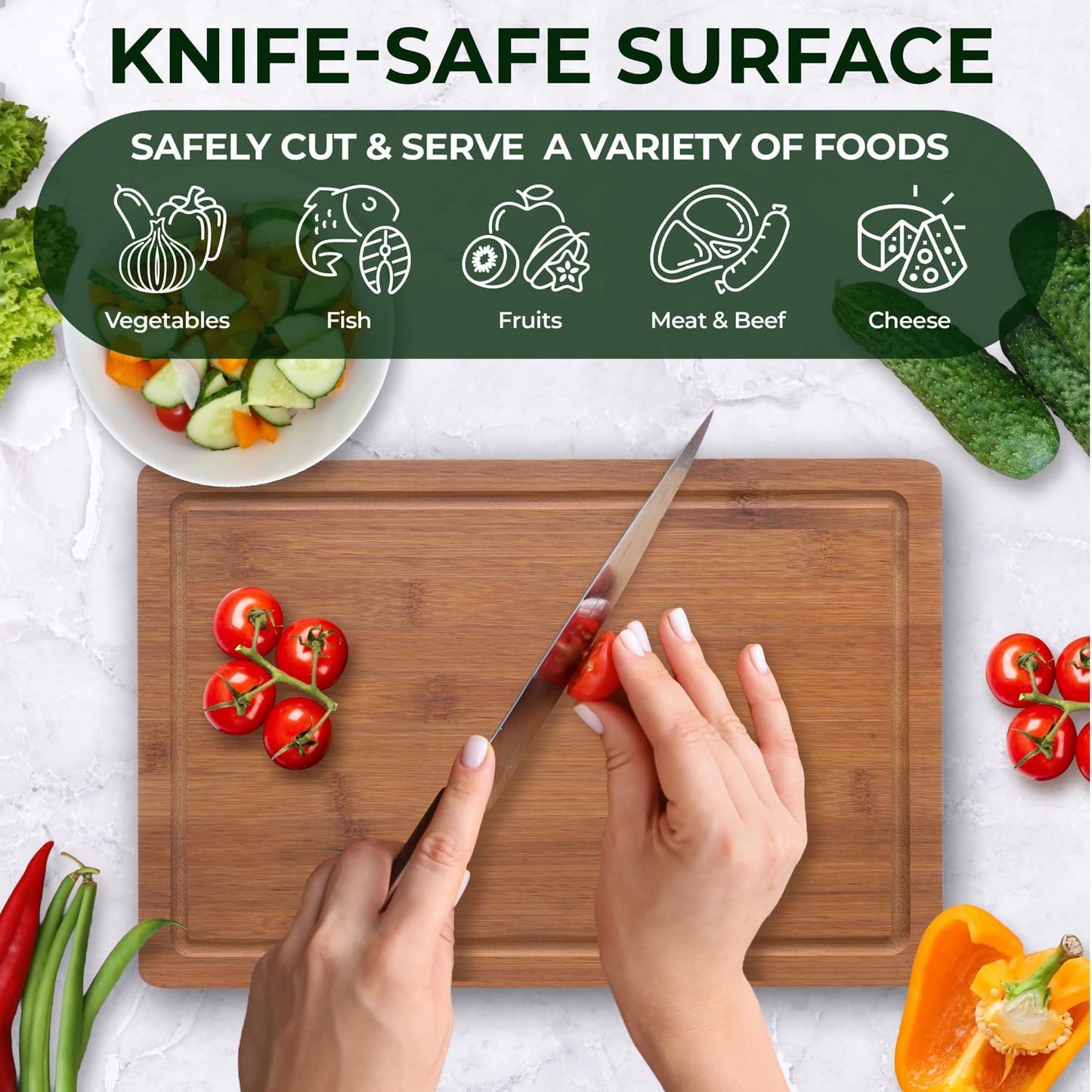 Bamboo Cutting Board Set of 3 – Wooden Chopping Boards with Juice Groove – Large, Medium & Small Kitchen Cutting Boards for Meat, Vegetables & Charcuterie