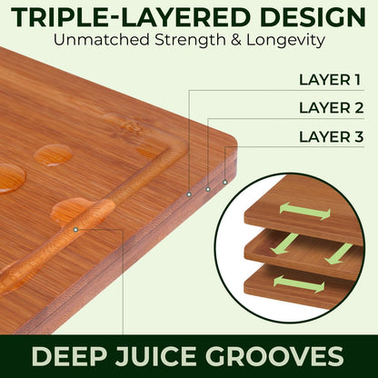 Bamboo Cutting Board Set of 3 – Wooden Chopping Boards with Juice Groove – Large, Medium & Small Kitchen Cutting Boards for Meat, Vegetables & Charcuterie