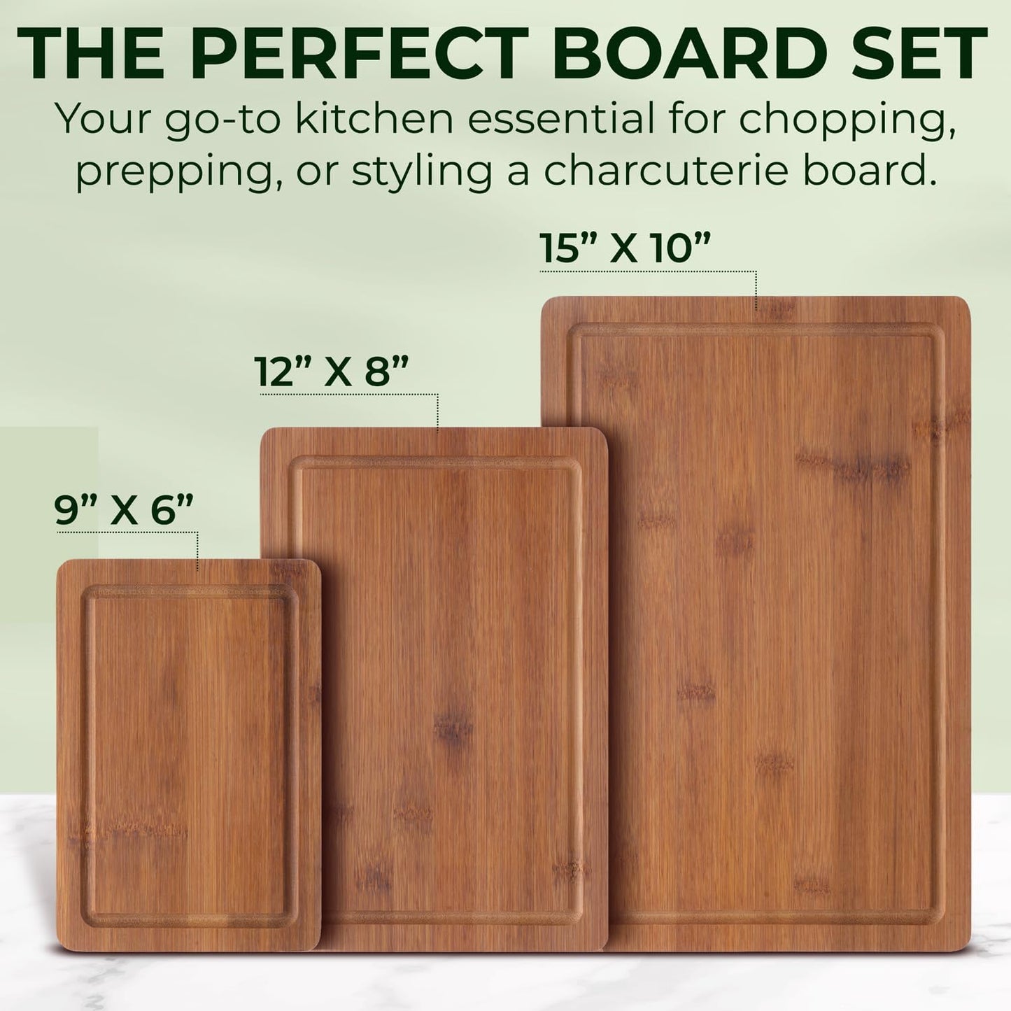 Bamboo Cutting Board Set of 3 – Wooden Chopping Boards with Juice Groove – Large, Medium & Small Kitchen Cutting Boards for Meat, Vegetables & Charcuterie