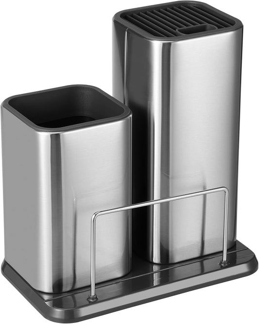 Knife Holder and Utensil Holder, Stainless Steel 3 in 1 Universal Knife Block without Knives, Kitchen Knife Holder, Detachable Modern Kitchen Knife Storage Organizer for Countertop