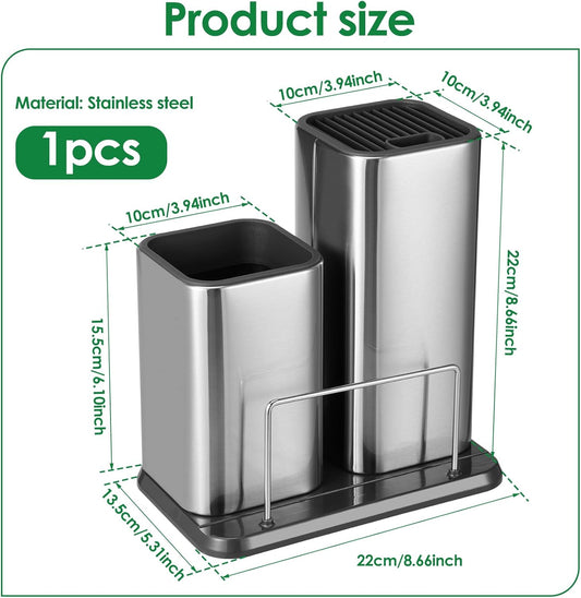 Knife Holder and Utensil Holder, Stainless Steel 3 in 1 Universal Knife Block without Knives, Kitchen Knife Holder, Detachable Modern Kitchen Knife Storage Organizer for Countertop
