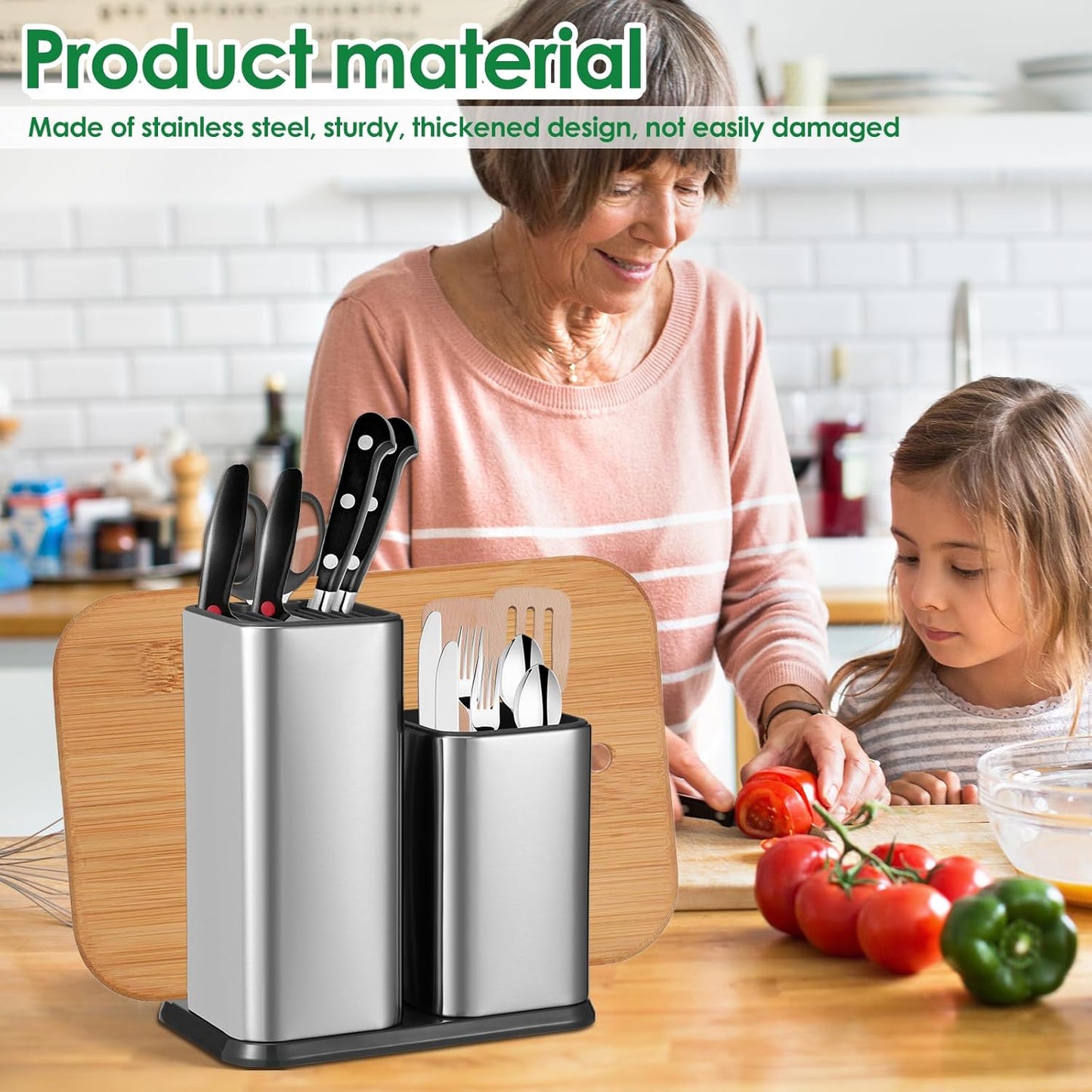 Knife Holder and Utensil Holder, Stainless Steel 3 in 1 Universal Knife Block without Knives, Kitchen Knife Holder, Detachable Modern Kitchen Knife Storage Organizer for Countertop