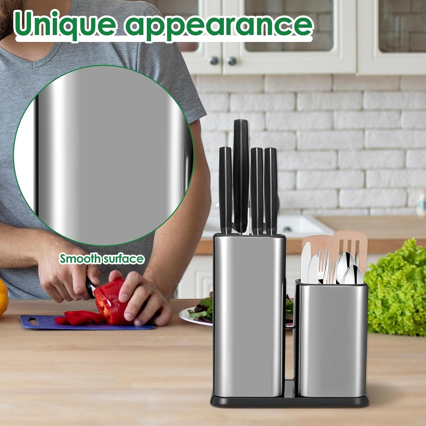 Knife Holder and Utensil Holder, Stainless Steel 3 in 1 Universal Knife Block without Knives, Kitchen Knife Holder, Detachable Modern Kitchen Knife Storage Organizer for Countertop
