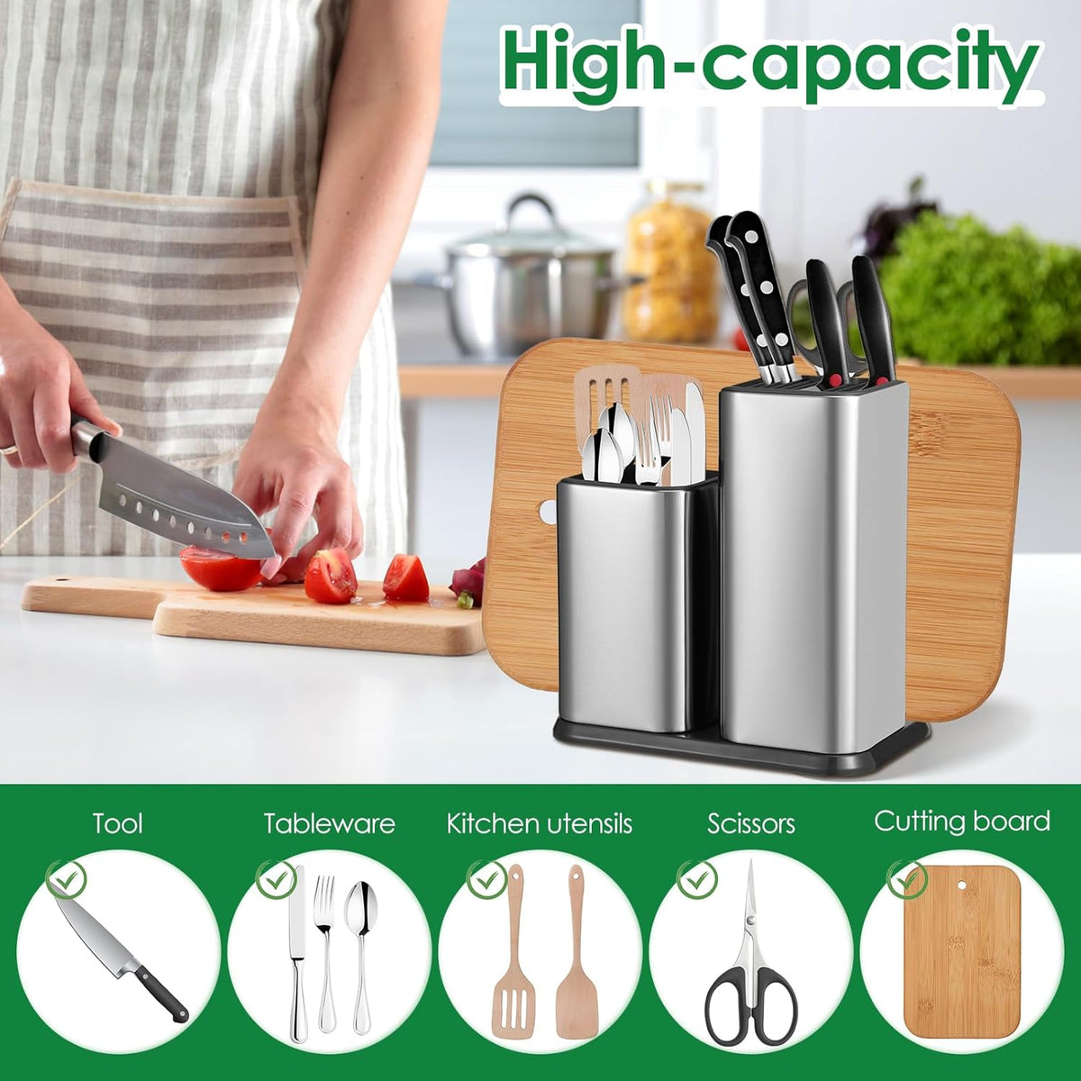 Knife Holder and Utensil Holder, Stainless Steel 3 in 1 Universal Knife Block without Knives, Kitchen Knife Holder, Detachable Modern Kitchen Knife Storage Organizer for Countertop