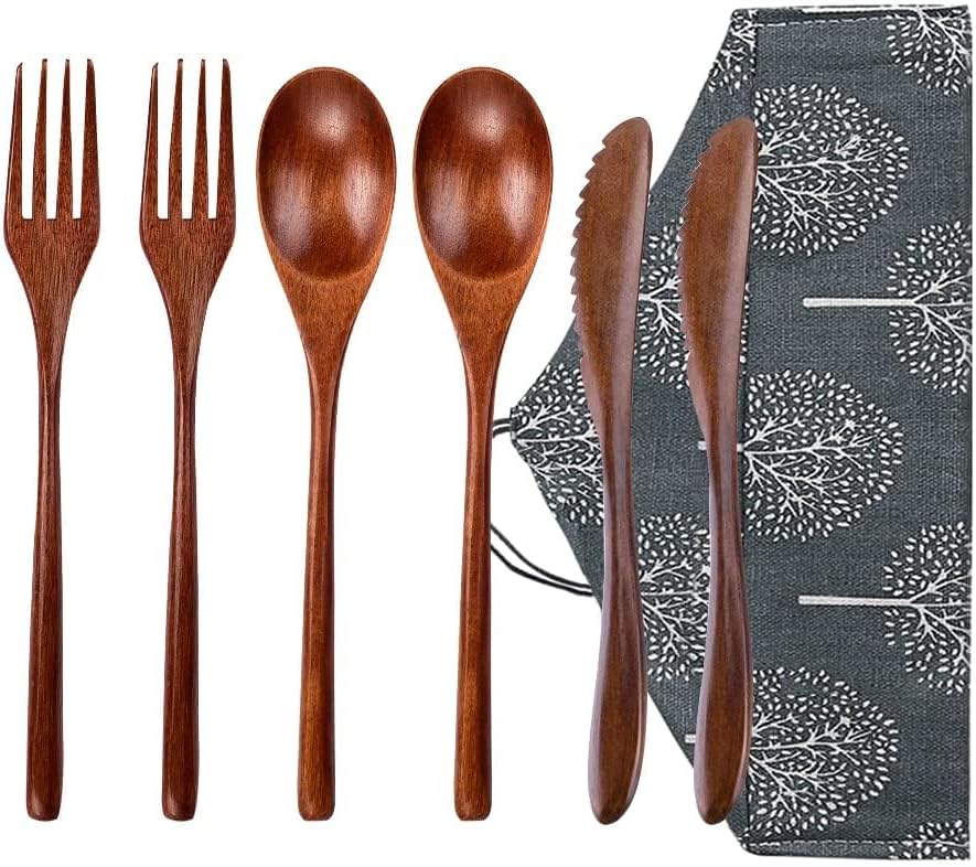 Wooden Spoon Fork Knife Eating Flatware Set Portable Utensil Set with Case, Reusable Wooden Cutlery Travel Utensils Set, 2 Spoons and 2 Forks and 2 Knives