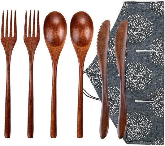 Wooden Spoon Fork Knife Eating Flatware Set Portable Utensil Set with Case, Reusable Wooden Cutlery Travel Utensils Set, 2 Spoons and 2 Forks and 2 Knives