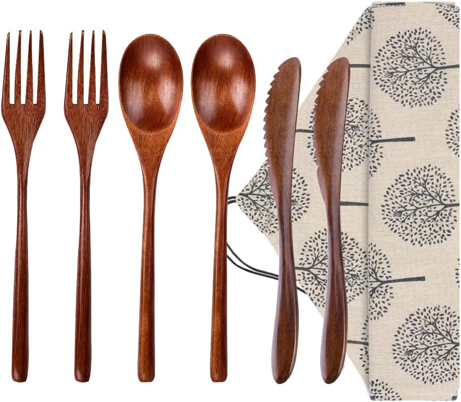 Wooden Spoon Fork Knife Eating Flatware Set Portable Utensil Set with Case, Reusable Wooden Cutlery Travel Utensils Set, 2 Spoons and 2 Forks and 2 Knives