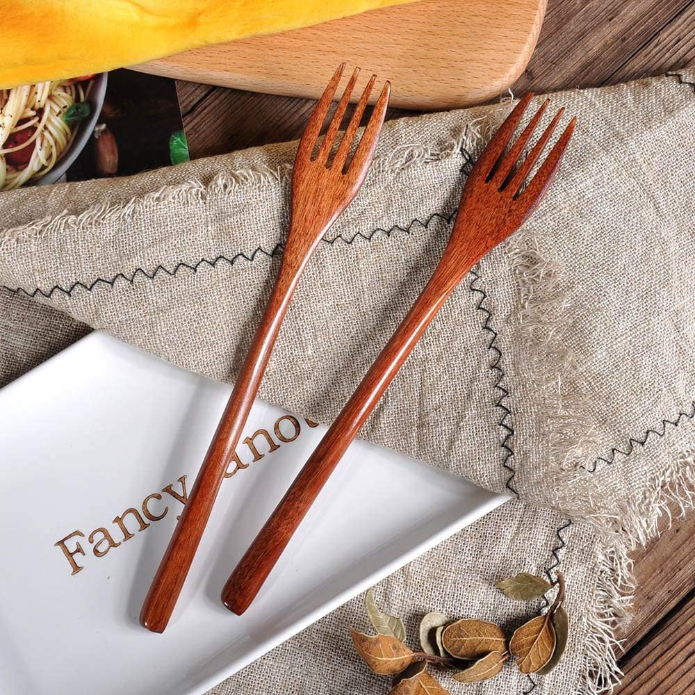 Wooden Spoon Fork Knife Eating Flatware Set Portable Utensil Set with Case, Reusable Wooden Cutlery Travel Utensils Set, 2 Spoons and 2 Forks and 2 Knives