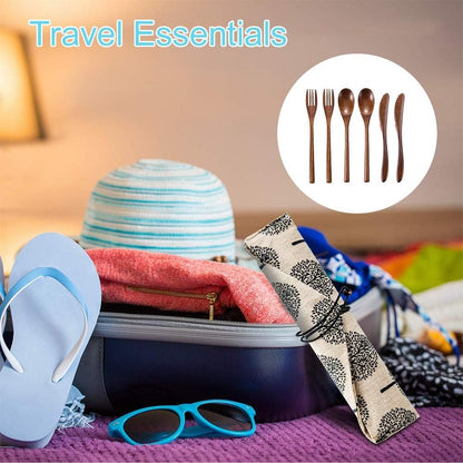 Wooden Spoon Fork Knife Eating Flatware Set Portable Utensil Set with Case, Reusable Wooden Cutlery Travel Utensils Set, 2 Spoons and 2 Forks and 2 Knives