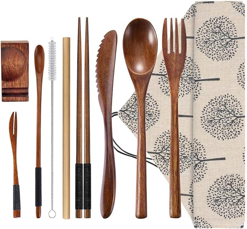 Wooden Spoon Fork Knife Eating Flatware Set Portable Utensil Set with Case, Reusable Wooden Cutlery Travel Utensils Set, 2 Spoons and 2 Forks and 2 Knives