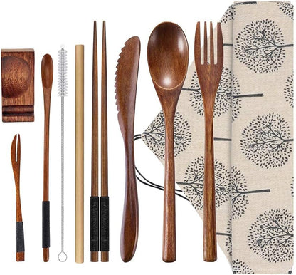 Wooden Spoon Fork Knife Eating Flatware Set Portable Utensil Set with Case, Reusable Wooden Cutlery Travel Utensils Set, 2 Spoons and 2 Forks and 2 Knives