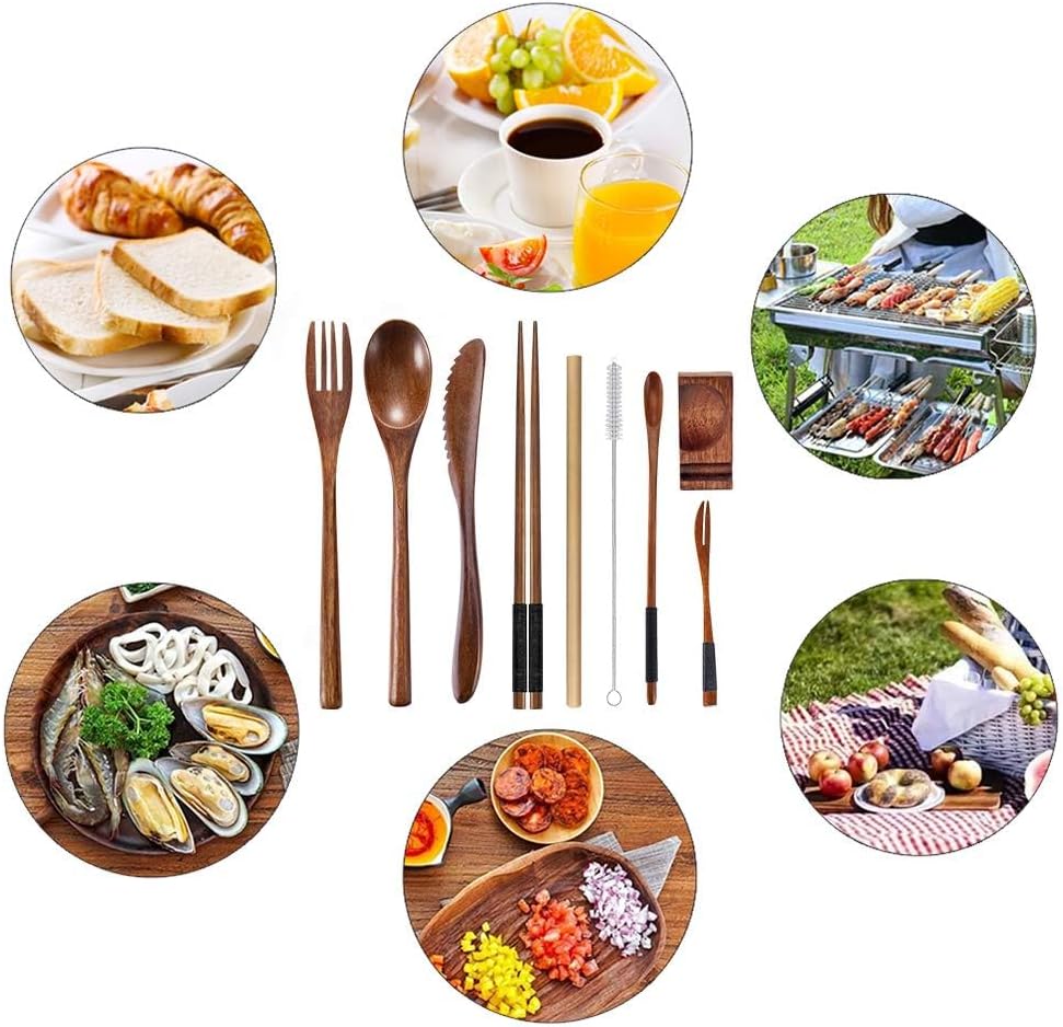 Wooden Spoon Fork Knife Eating Flatware Set Portable Utensil Set with Case, Reusable Wooden Cutlery Travel Utensils Set, 2 Spoons and 2 Forks and 2 Knives