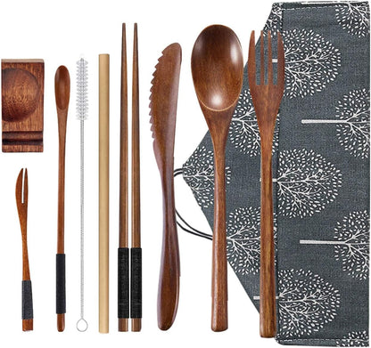 Wooden Spoon Fork Knife Eating Flatware Set Portable Utensil Set with Case, Reusable Wooden Cutlery Travel Utensils Set, 2 Spoons and 2 Forks and 2 Knives