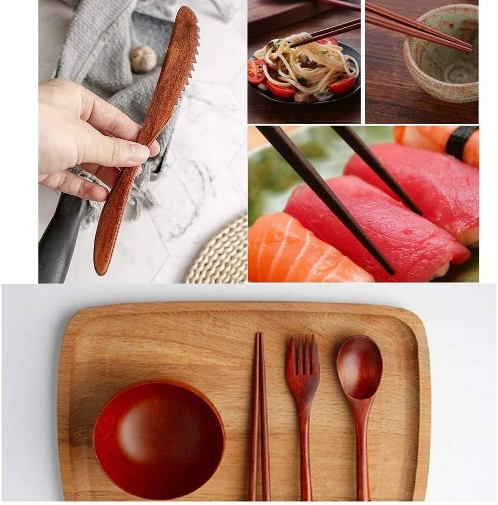 Wooden Spoon Fork Knife Eating Flatware Set Portable Utensil Set with Case, Reusable Wooden Cutlery Travel Utensils Set, 2 Spoons and 2 Forks and 2 Knives