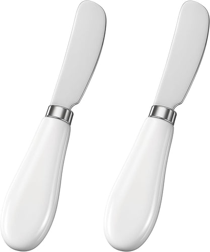 2 Pcs Cheese Spreader, Butter Spreader Knives Stainless Steel Cheese Spreaders Knives with Porcelain Handles Multipurpose Sandwich Spreaders for Spreading Jam, Pastry (White & Silver)