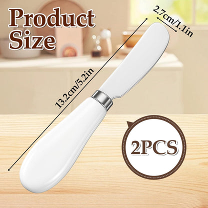 2 Pcs Cheese Spreader, Butter Spreader Knives Stainless Steel Cheese Spreaders Knives with Porcelain Handles Multipurpose Sandwich Spreaders for Spreading Jam, Pastry (White & Silver)